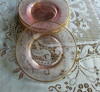 5 Vintage Etched Pink Depression Glass Bread and Butter Plates Gold Rim 2