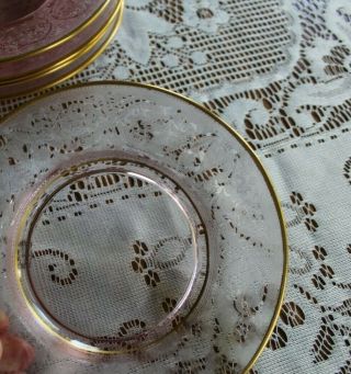 5 Vintage Etched Pink Depression Glass Bread and Butter Plates Gold Rim 3