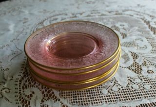 5 Vintage Etched Pink Depression Glass Bread and Butter Plates Gold Rim 5