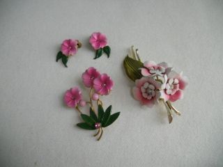 Vintage Austria Coro Pink Green Enamel Rhinestone Flower Brooch & Earrings Set