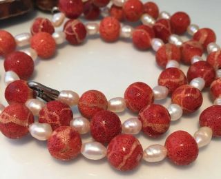 Vintage Jewellery Lovely Real Pearl,  Real Sponge Coral Bead Necklace - Long