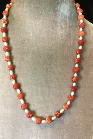 Vintage Jewellery Lovely Real Pearl,  Real Sponge Coral Bead Necklace - Long 2