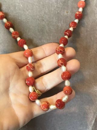 Vintage Jewellery Lovely Real Pearl,  Real Sponge Coral Bead Necklace - Long 3