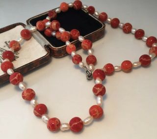 Vintage Jewellery Lovely Real Pearl,  Real Sponge Coral Bead Necklace - Long 4
