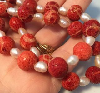 Vintage Jewellery Lovely Real Pearl,  Real Sponge Coral Bead Necklace - Long 5