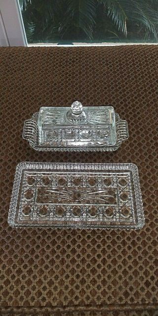 Vintage Crystal Clear Butter Dish With Lid And Matching Cracker Olive Dish Tray