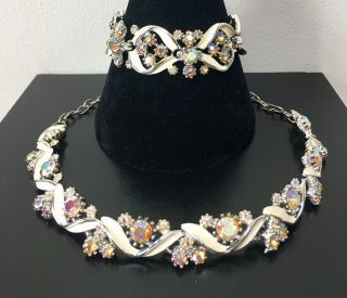 Vintage Demi Parure Necklace & Bracelet Signed Ar.  Enamel & Aurora Borealis
