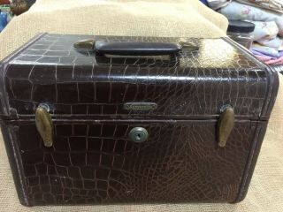 Vintage Samsonite Brown Leather Train Case Overnight Suitcase Luggage W/ Key