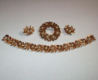 Vintage Avon Goldtone Faux Pearl Leaf Brooch,  Bracelet And Clip - On Earring Set
