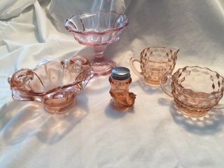 Vintage Pink Glass Candy Dishes And Sugar And Creamer