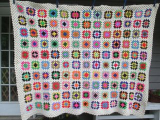 Vintage Granny Square Hand Crocheted Afghan - Blanket - Throw - 48 X 56 "