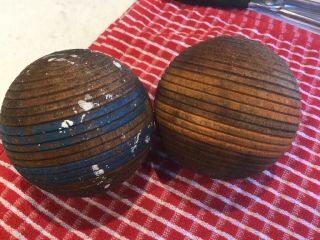 2 Vintage Solid Wood Ribbed Croquet Balls,  Primitive Wooden With Stripes