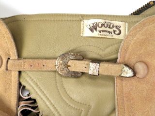 Vtg Woods Western Leather Suede Chaps Substantial Sterling Overlay Buckle Xs