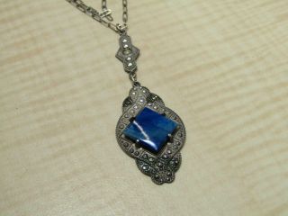 Sterling Silver Jewelry Necklace Vintage Blue Stone Elegant Marcasite Accent