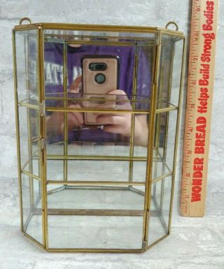 Vintage 8 " Brass & Glass 3 Tier Mirror Shelf Knick Knack Wall Display Curio Case