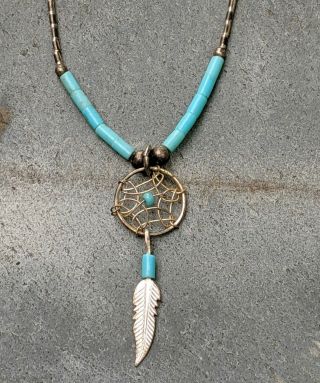 Vintage Native American 925 Silver Turquoise Dreamcatcher Pendant Necklace