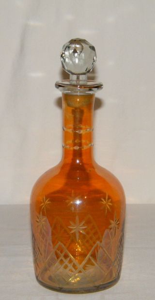 Lovely Vintage Bohemian Glass Amber Cut To Clear Crystal Decanter W/ Stopper Ex