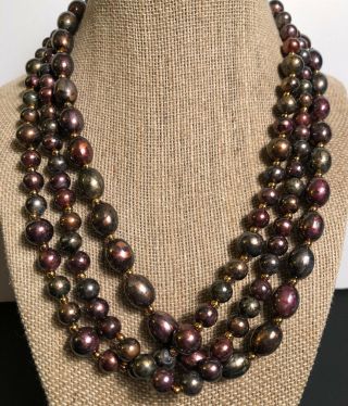 Easter Egg Bead Necklace Vintage Multi Strand Iridescent Pink Purple Green Gold