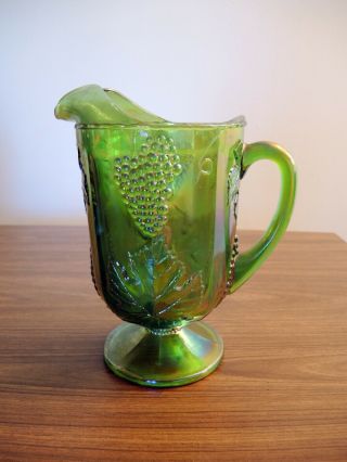 Vintage Iridescent Green Carnival Glass Pitcher - Harvest Grape - Indiana Glass