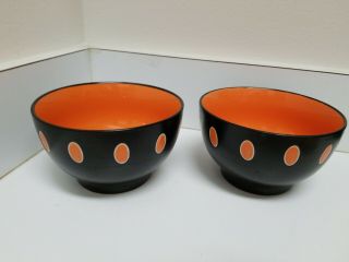 Set 2 Vintage Black & Orange Stoneware Soup Or Cereal Bowls W/orange Interior