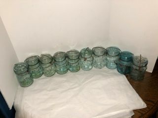 10 Vtg Canning Fruit Jar Pint Blue Atlas E - Z Seal Wire Bail Air Bubbles W Tops