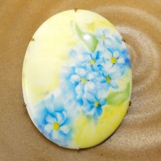 Vintage Hand Painted Porcelain Blue Flowers On Yellow Floral Brooch C Clasp