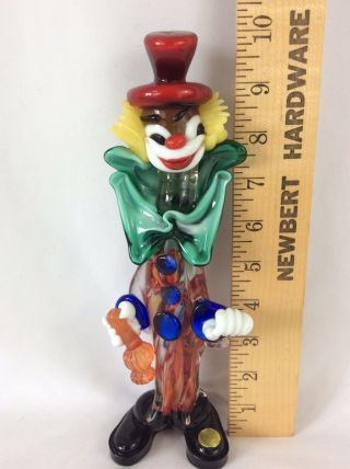 Vintage Mid Century Tagged Murano Glass 10 " Clown With Bottle Figurine