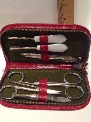 Vintage Special Tripple Cut 6pc Manicure Set Metal W/ Leather Case Germany