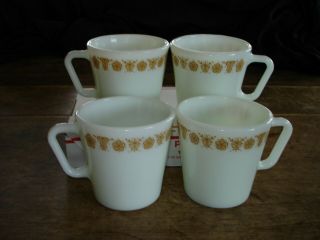 Set Of 4 Vintage Pyrex Corning Coffee Cups Mugs Butterfly Gold D Handle 1410