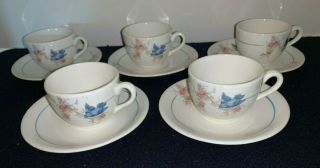 (set Of 5) Vintage Crown Porcelain Potteries Bluebird Demitasse Cups And Saucers