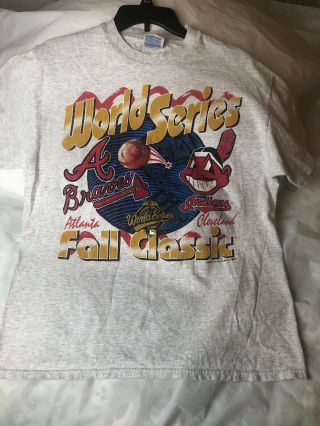 Vintage 1995 World Series Atlanta Braves Cleveland Indians T - Shirt L Haynes Mlb