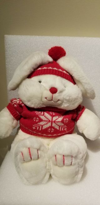 Mervyns Large Winter White Bunny Rabbit Plush W/red Knit Sweater & Hat 1987 Vtg