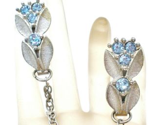 Vintage Sweater Clip Guard With Blue Rhinestones Silver Tone Chain Vintage