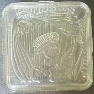 Vintage Federal Clear Glass Refrigerator Dish Box With Embossed Vegetables 8.  5 "