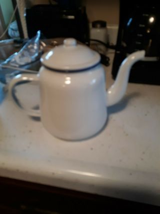 Vintage White Porcelain Enamelware Teapot Kettle Navy Trim Enamel Kitchen 6x10