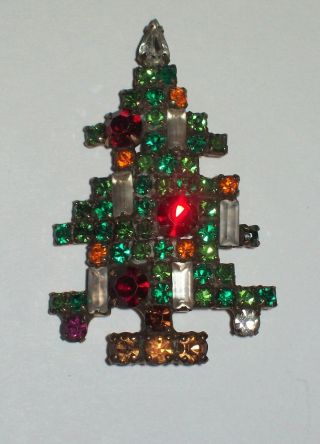 Vintage Weiss Goldtone Colorful Rhinestone Christmas Tree Brooch