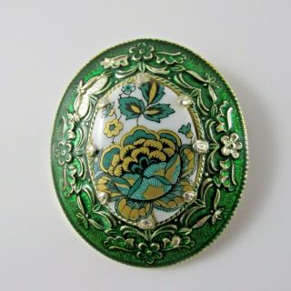 Vtg West Germany Porcelain Brooch Hand Painted Green Blue Floral Costume Jewelry