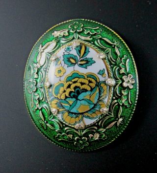 Vtg West Germany Porcelain Brooch Hand Painted Green Blue Floral Costume Jewelry 2