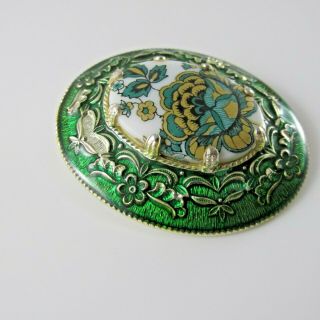 Vtg West Germany Porcelain Brooch Hand Painted Green Blue Floral Costume Jewelry 3
