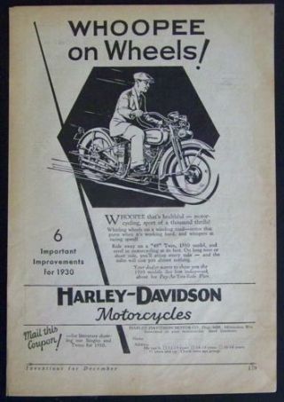 1930 Harley Davidson Whoopee On Wheels Vintage Ad