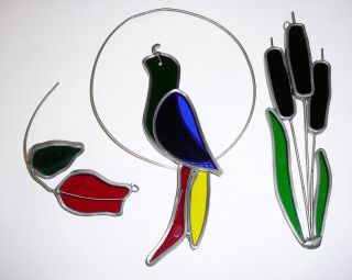 Set Of 3 Tiffany Stained Glass Rose/parrot/cattails - Cat Tail Vintage Suncatchers
