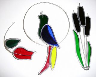 SET of 3 TIFFANY Stained Glass Rose/Parrot/Cattails - Cat tail VINTAGE Suncatchers 2