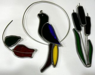 SET of 3 TIFFANY Stained Glass Rose/Parrot/Cattails - Cat tail VINTAGE Suncatchers 3