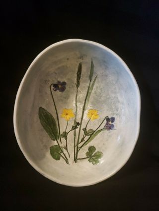 Vtg Salt Marsh Art Pottery Cinquefoil Violet Flowers Oval Dish Hand Crafted