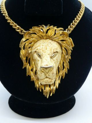 Large Vintage Signed Luca Razza Leo Lion Zodiac Mid Century Pendant Necklace