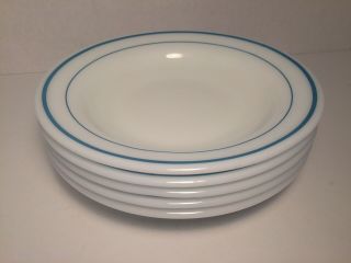 5 Vintage Pyrex Tableware By Corning Teal Blue Stripe Soup Bowls 9”