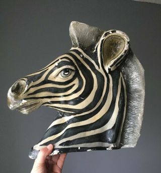 Vintage Paper Mache Handmade Zebra Head Mask Wall Art Mount Hanging Sculpture