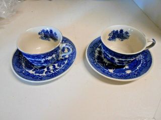 2 Vintage Blue Willow Tea Cups & Saucers (japan) Before Ww 2