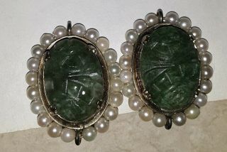 Vintage Estate Gold Filled Carved Jade & White Pearl Clip - On Earrings