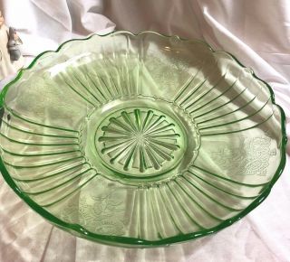 Vintage Green Vaseline Anchor Hocking Mayfair Open Rose Depression Glass Bowl